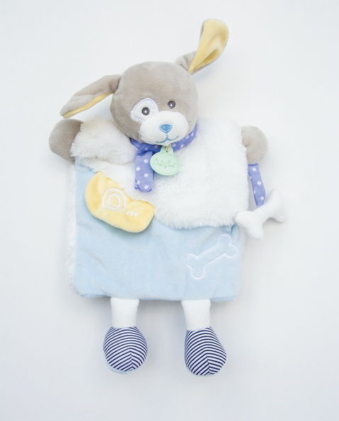  les douillettes handpuppet dog white blue yellow bone 